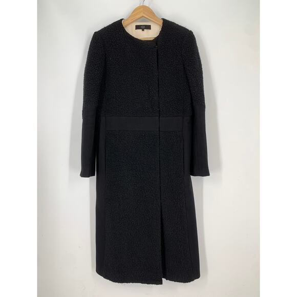 TIBI Panda Wool and Sherpa Blocked Collarless Coat Long Faux Fur Jacket, Black - Picture 1 of 11